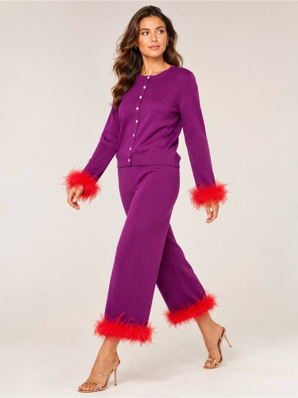 Antonio Melani Women's Cardigan Pants Set Purple Feather Trim Size L NWT
